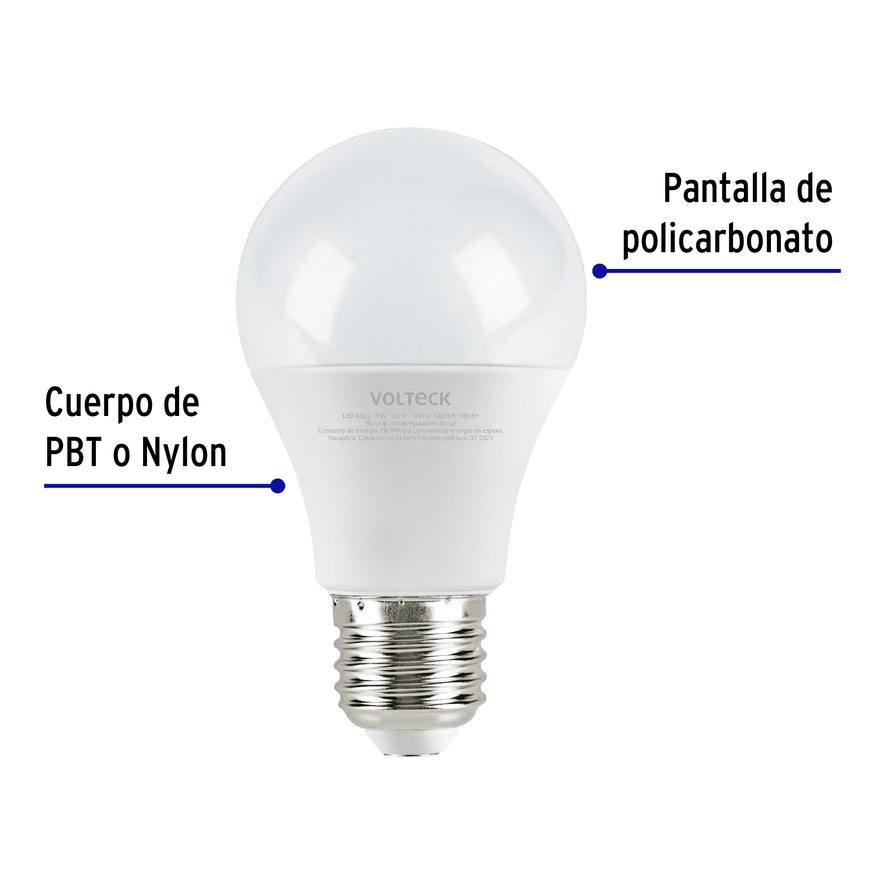 Lámpara LED A19 9 W (equiv. 60 W), luz cálida, caja, Volteck Caja con 12, 47547