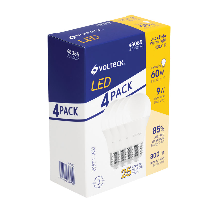 Pack de 4 lámparas LED A19 9 W (equiv. 60 W), luz cálida Caja con 4, 48085