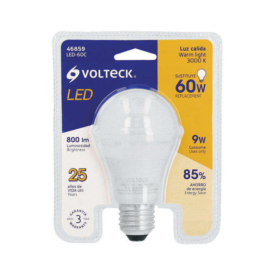 Lámpara LED A19 9 W (equiv. 60 W) luz cálida blíster Volteck Caja con 6, 46859