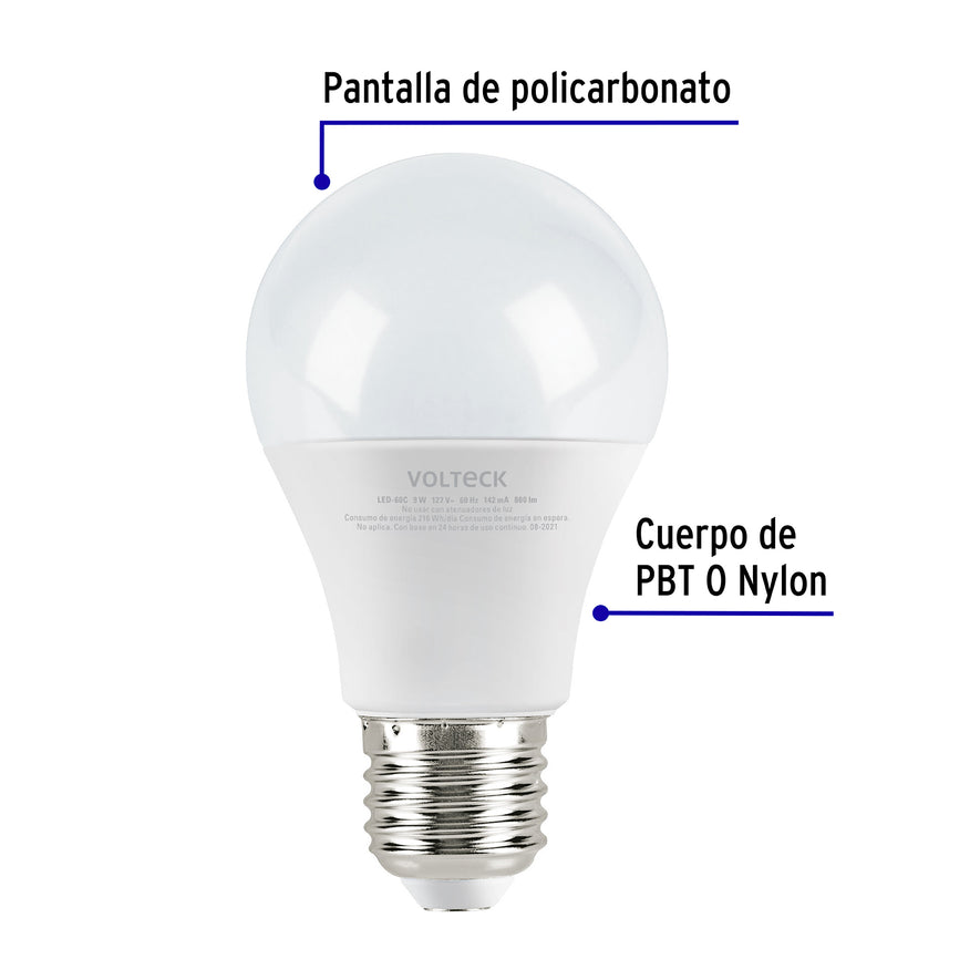 Lámpara LED A19 9 W (equiv. 60 W) luz cálida blíster Volteck Caja con 6, 46859