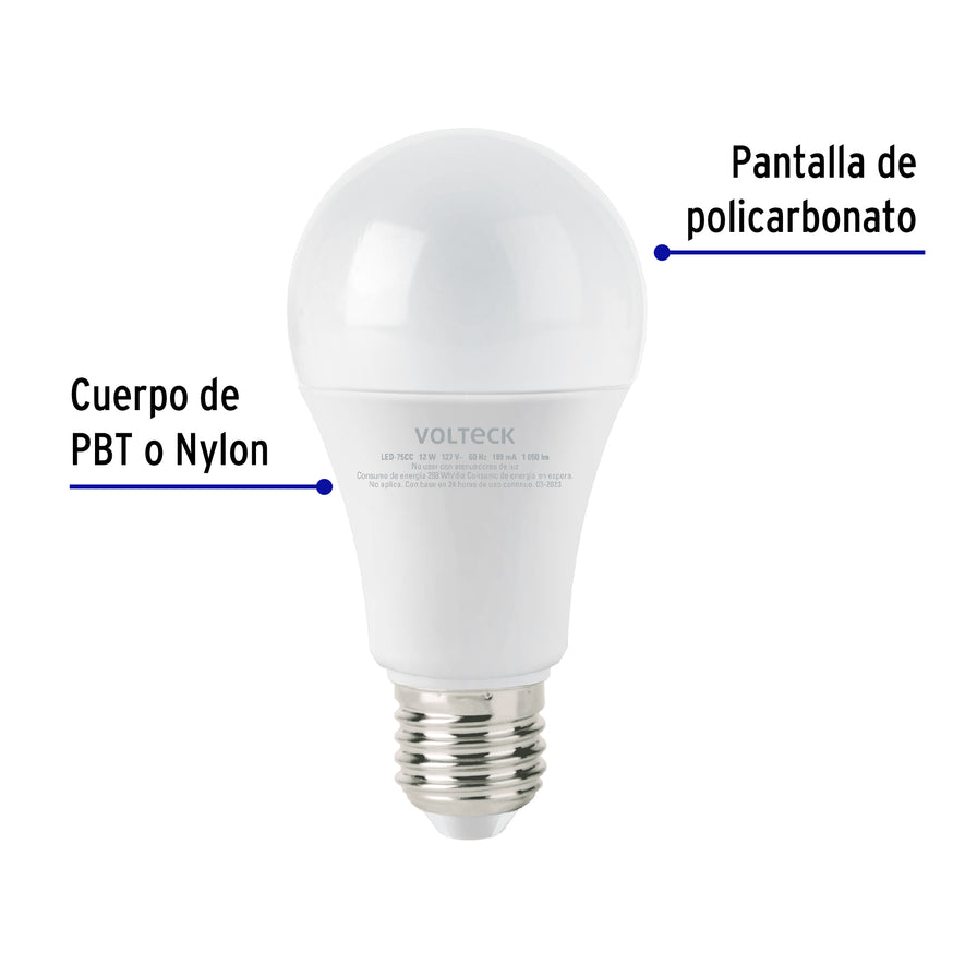Lámpara LED A19 12 W (equiv. 75 W), luz cálida, caja Volteck Caja con 12, 47549