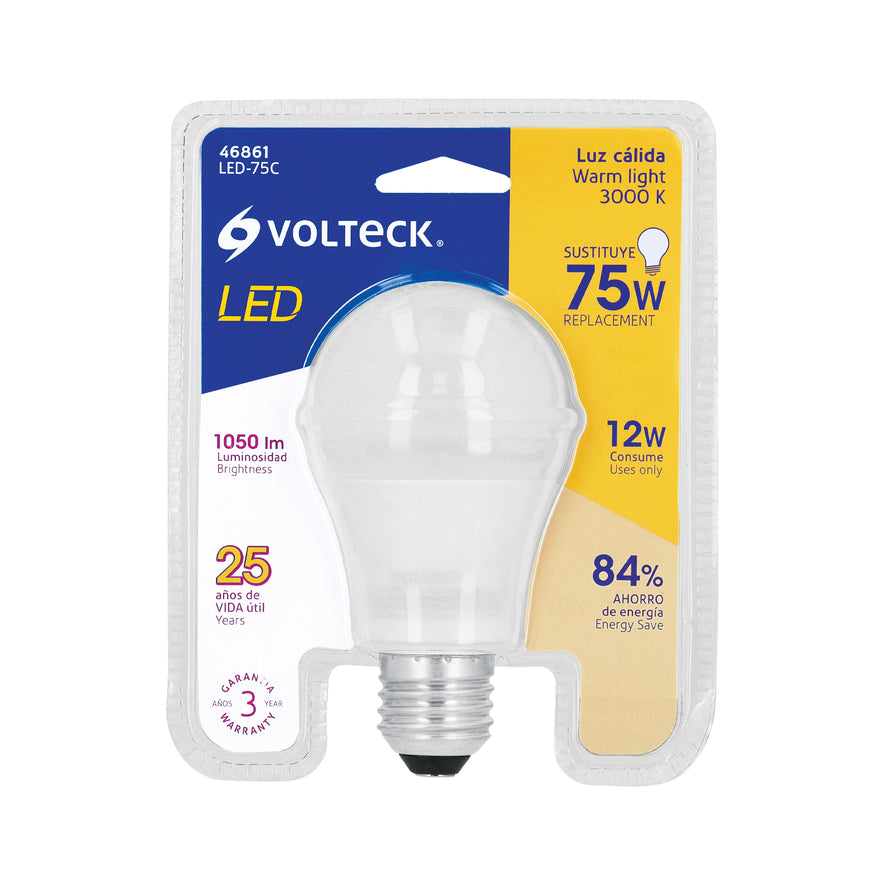Lámpara LED A19 12 W (equiv. 75W) luz cálida blíster Volteck Caja con 6, 46861