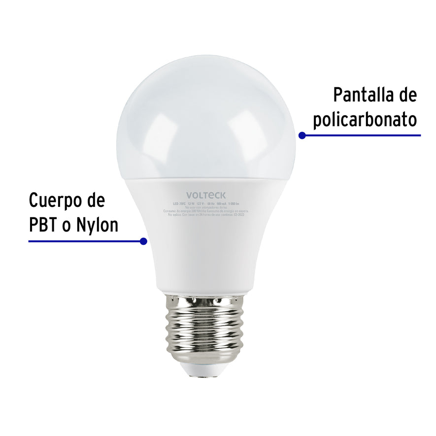 Lámpara LED A19 12 W (equiv. 75 W), luz de día, caja Volteck Caja con 12, 47548