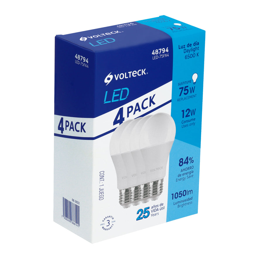 Pack de 4 lámparas LED A19 12 W (equiv. 75 W), luz de día Caja con 4, 48794
