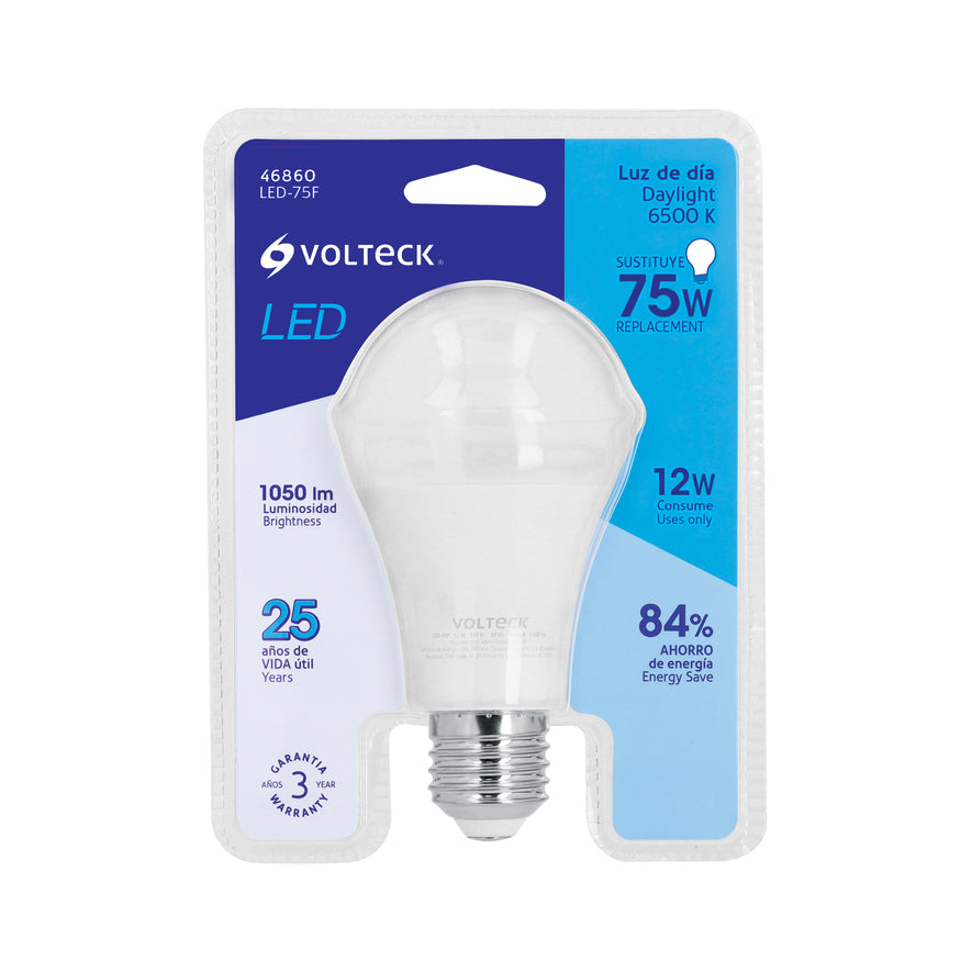 Lámpara LED A19 12 W (equiv. 75W) luz de día blíster Volteck Caja con 12, 46860