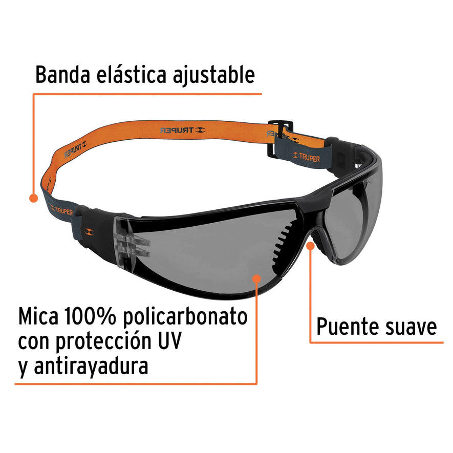 Lentes de seguridad, gris con banda elástica, Active, Truper Caja con 6, 100293