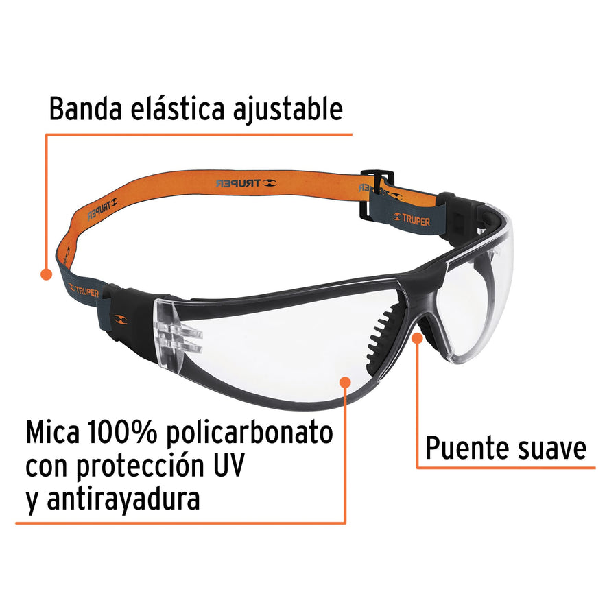 Lentes de seguridad, transparente con banda elástica, Active Caja con 6, 15304
