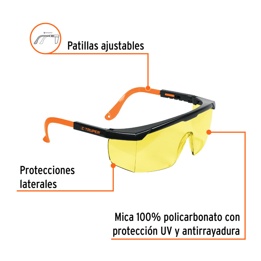 Lentes de seguridad ajustables ambar, Truper Classic Caja con 6, 15137