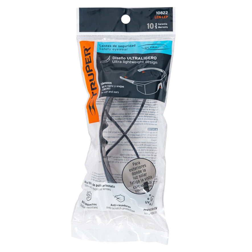 Lentes de seguridad espejo plata, Truper Ultralite Caja con 6, 10822