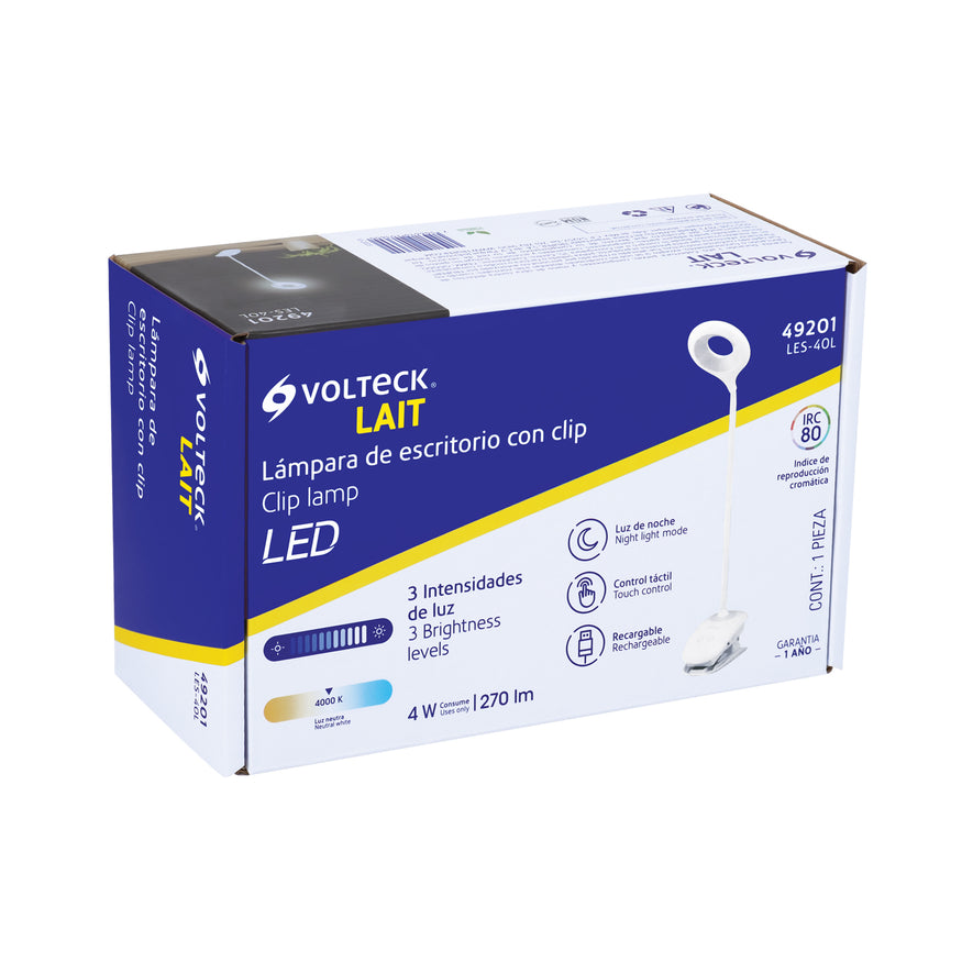 Lámpara escritorio LED 4 W recargable c/clip, 3 intensidades Caja con 2, 49201