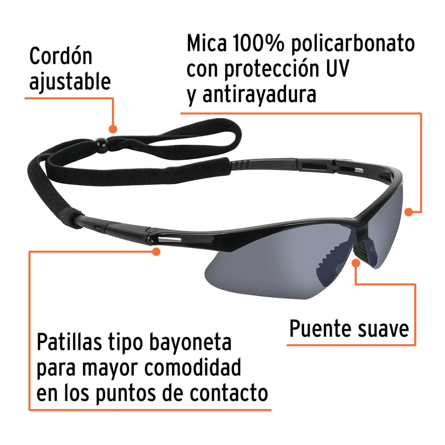 Lentes seguridad espejo plata c/cordón ajustable, Sport Caja con 6, 15182