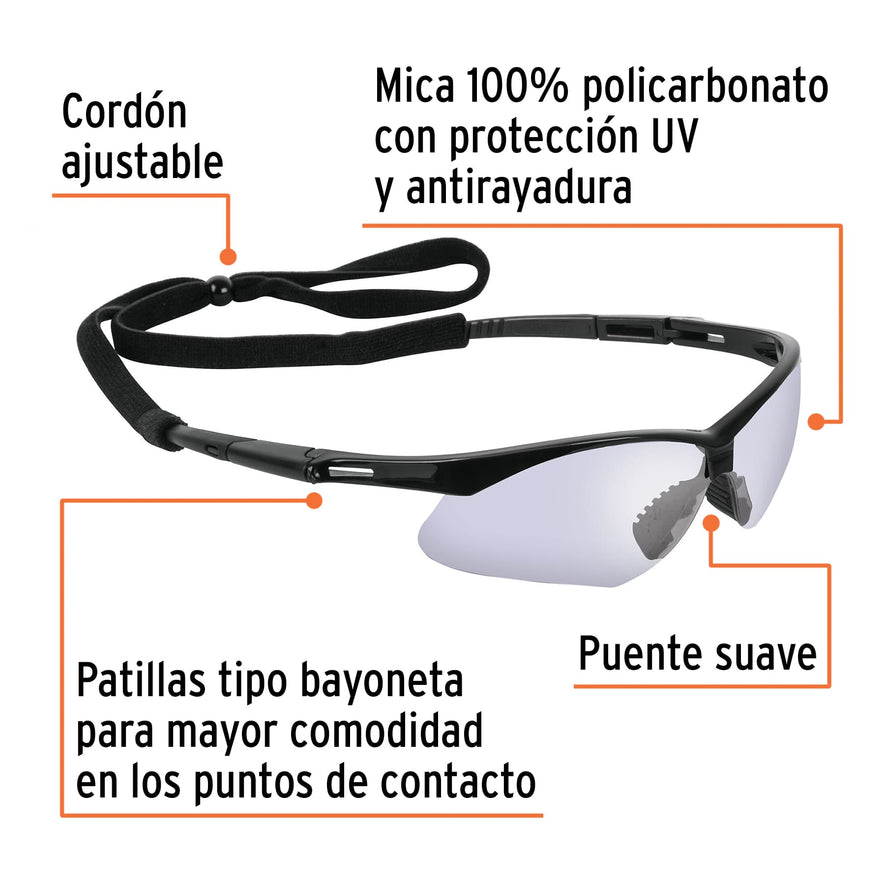 Lentes seguridad espejo azul c/cordón ajustable, Sport Caja con 6, 15184