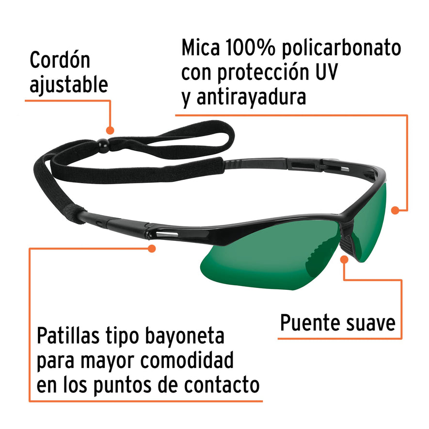 Lentes seguridad verde antiempaño c/cordón ajustable, Sport Caja con 6, 15178