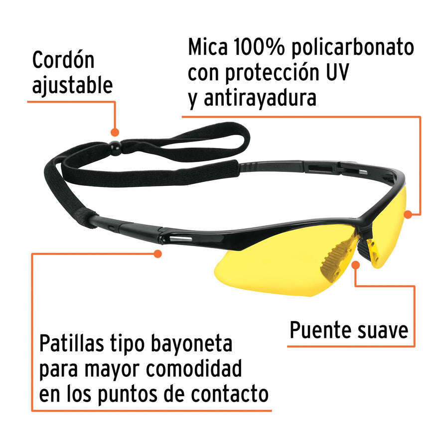 Lentes seguridad ambar antiempaño c/cordón ajustable, Sport Caja con 6, 15174