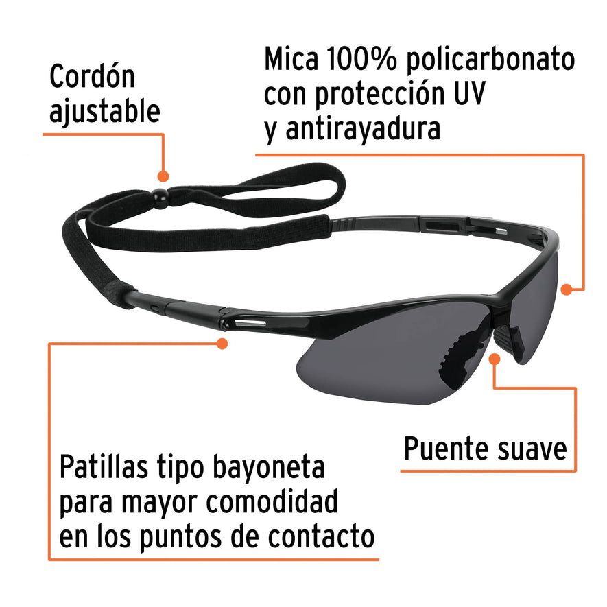 Lentes seguridad grises antiempaño c/cordón ajustable, Sport Caja con 6, 15172