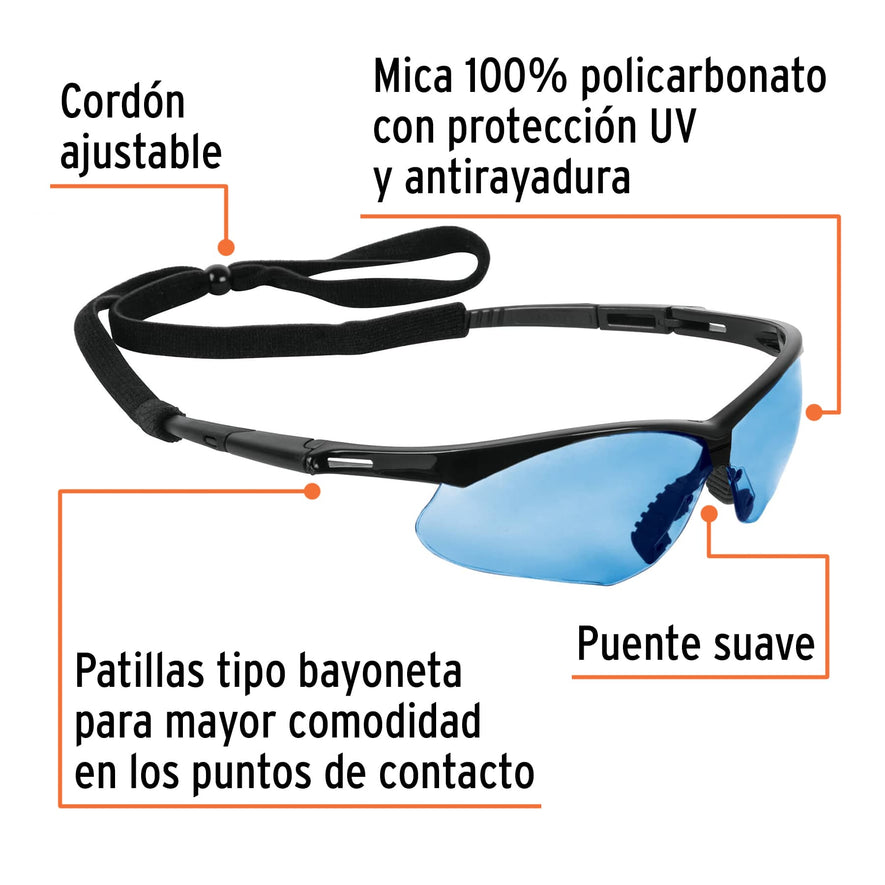 Lentes seguridad azul antiempaño c/cordón ajustable, Sport Caja con 6, 15176