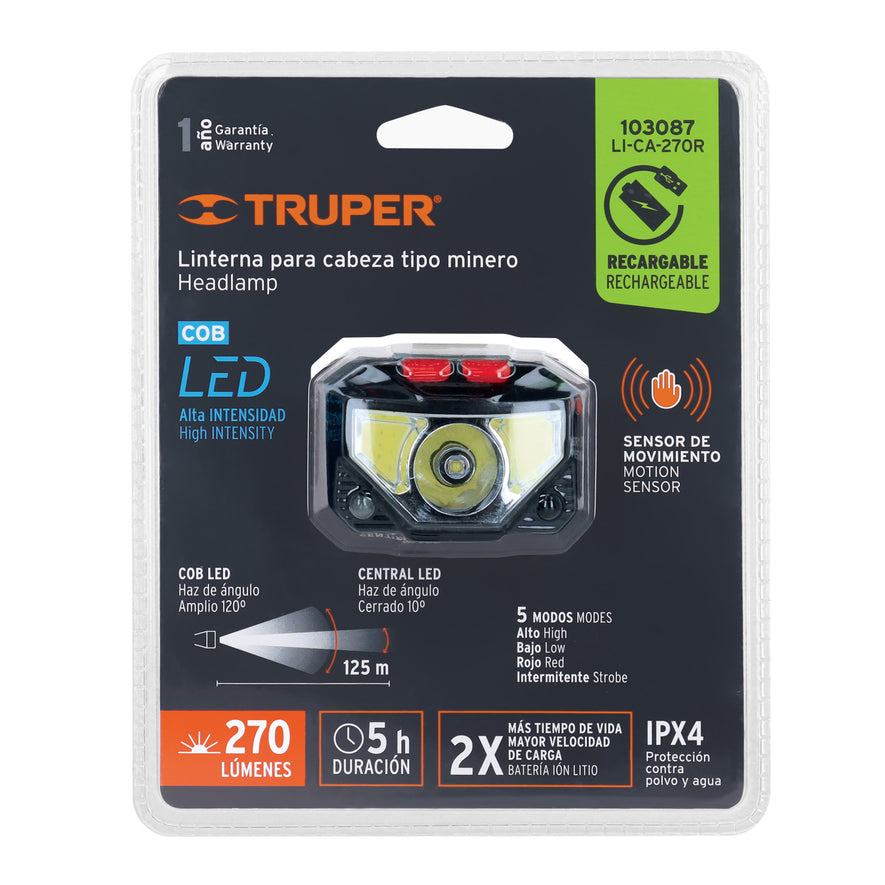 Linterna de minero LED 270 lm con sensor recargable, TRUPER Caja con 4, 103087