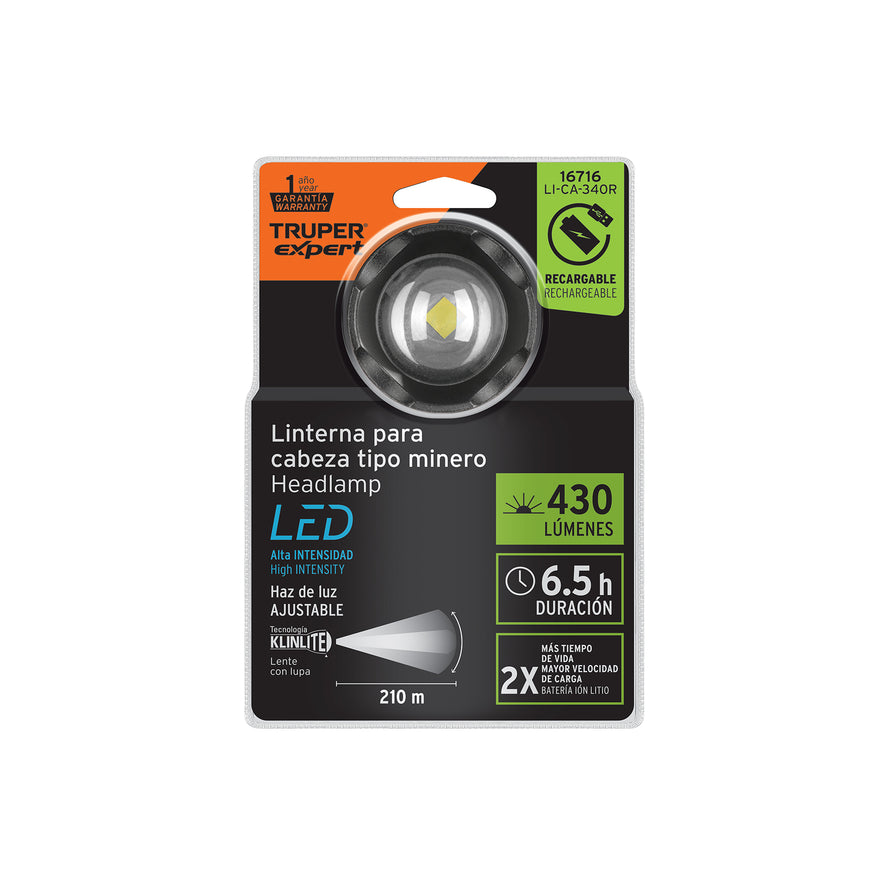 Linterna de minero LED 430 lm, recargable, TRUPER EXPERT Caja con 6, 16716