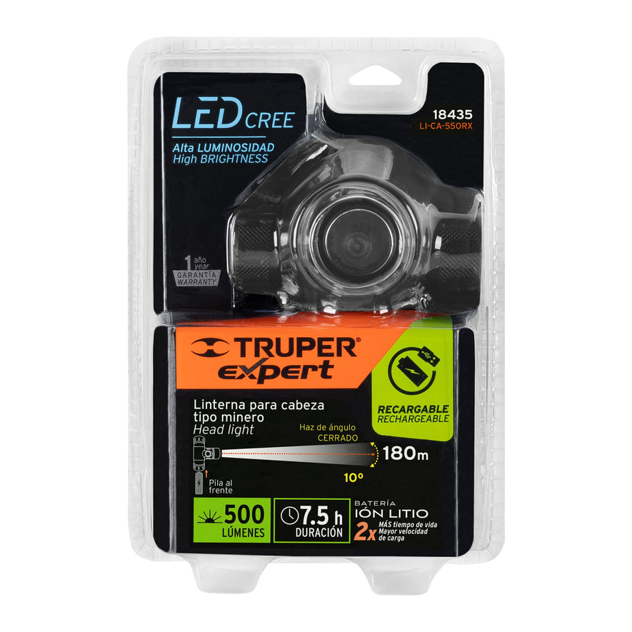 Linterna de minero LED 500 lm, recargable, TRUPER EXPERT, 18435