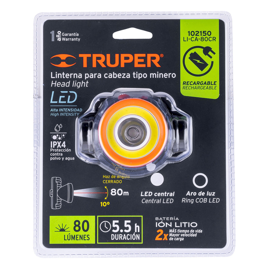Linterna de minero LED 80 lm, recargable, TRUPER Caja con 4, 102150