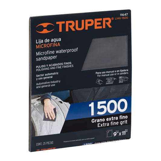 Lija de agua grano 1500 microfina carburo de silicio, Truper Caja con 25, 11647