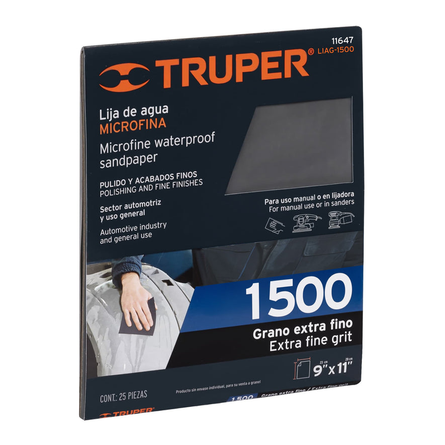 Lija de agua grano 1500 microfina carburo de silicio, Truper Caja con 25, 11647