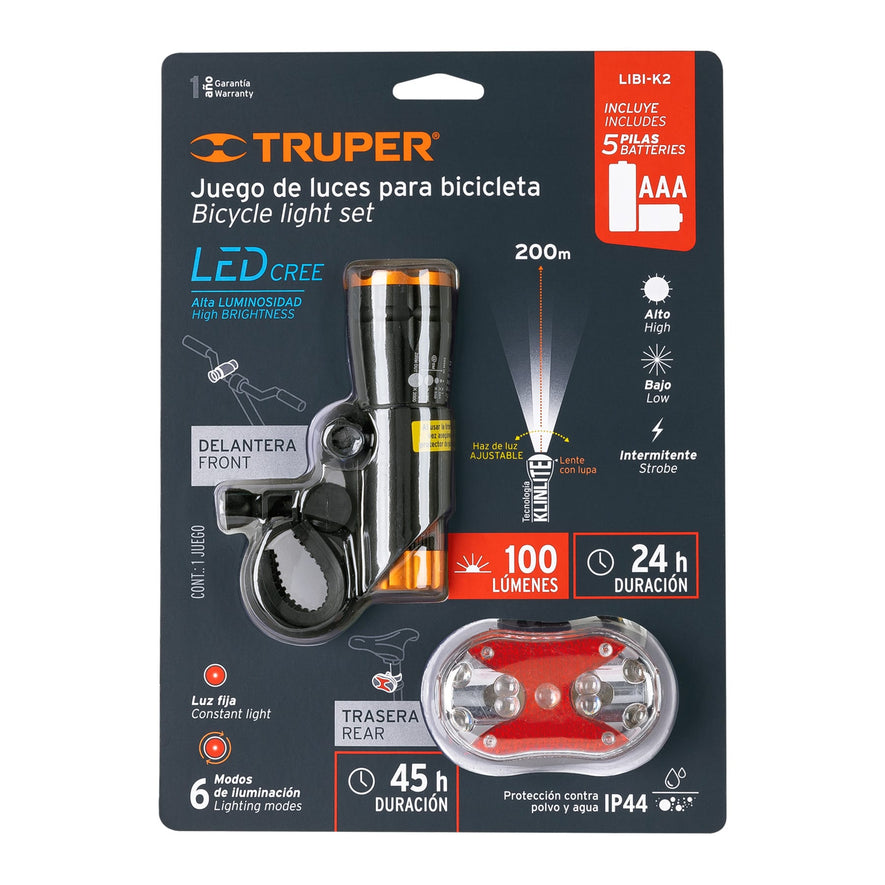 Juego de linterna delantera y trasera para bicicleta, TRUPER Caja con 4, 16798
