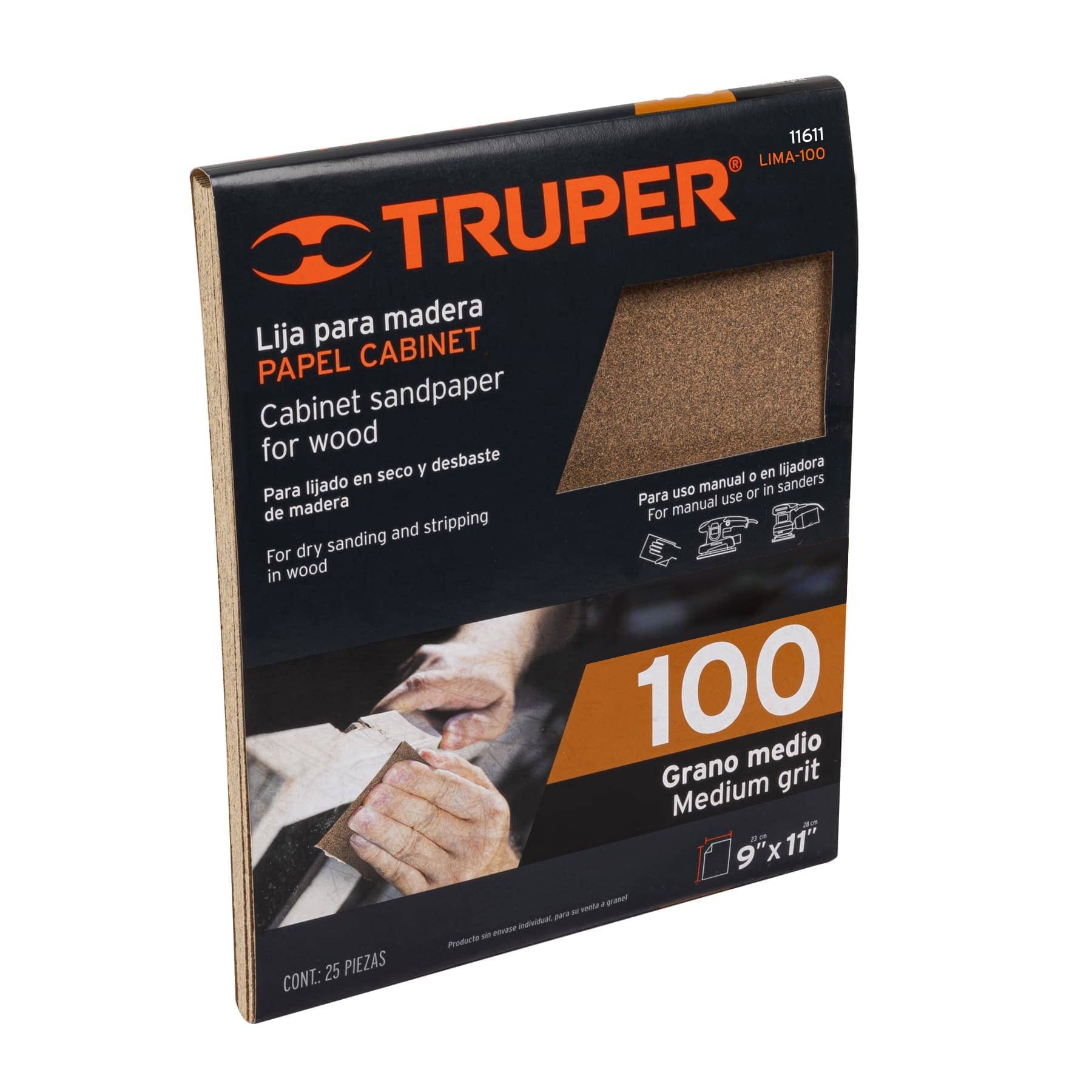 Lija para madera papel cabinet, grano 100, Truper Caja con 25, 11611