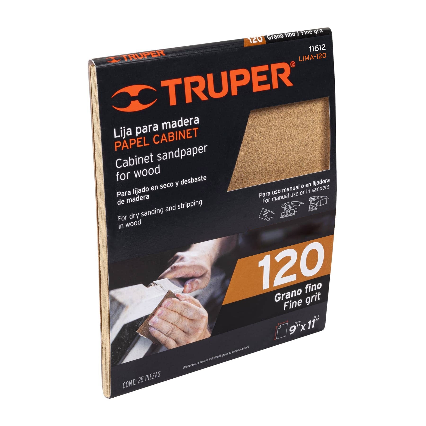 Lija para madera papel cabinet, grano 120, Truper Caja con 25, 11612