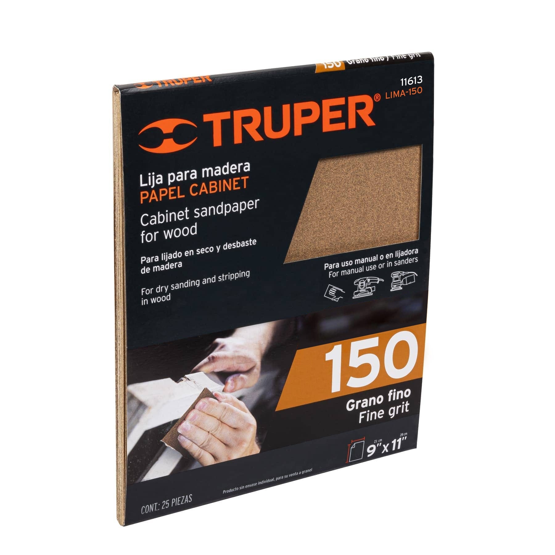 Lija para madera papel cabinet, grano 150, Truper Caja con 25, 11613
