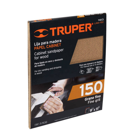 Lija para madera papel cabinet, grano 150, Truper Caja con 25, 11613