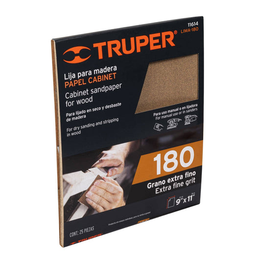 Lija para madera papel cabinet, grano 180, Truper Caja con 25, 11614
