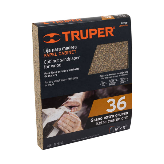 Lija para madera papel cabinet, grano 36, Truper Caja con 25, 11606