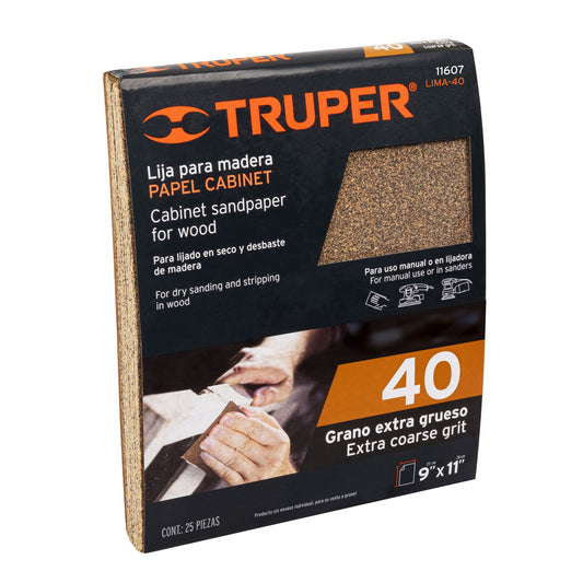 Lija para madera papel cabinet, grano 40, Truper Caja con 25, 11607