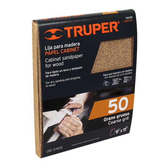 Lija para madera papel cabinet, grano 50, Truper Caja con 25, 11608
