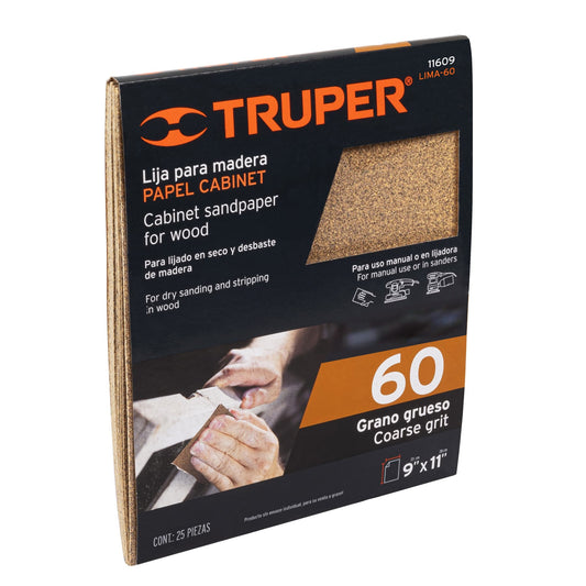 Lija para madera papel cabinet, grano 60, Truper Caja con 25, 11609