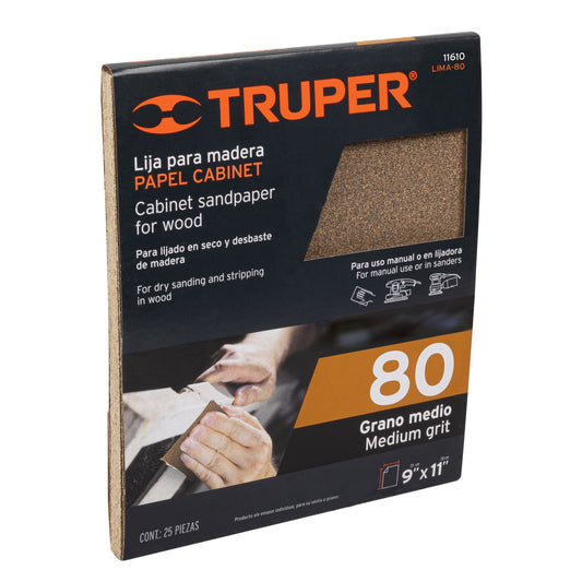 Lija para madera papel cabinet, grano 80, Truper Caja con 25, 11610