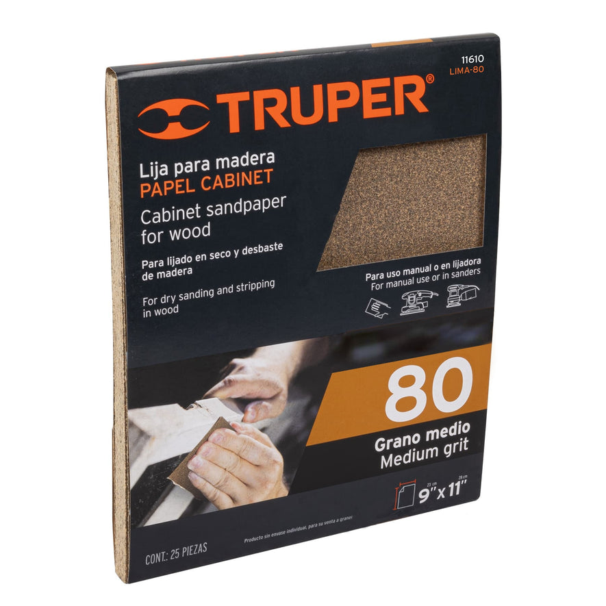 Lija para madera papel cabinet, grano 80, Truper Caja con 25, 11610