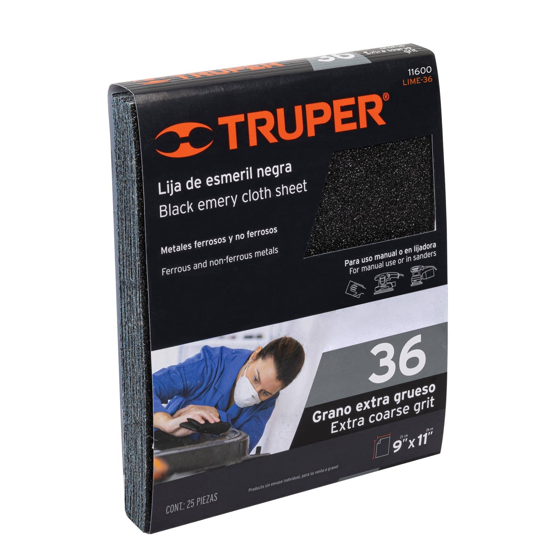 Lija de esmeril negra grano 36 de óxido de aluminio, Truper Caja con 25, 11600