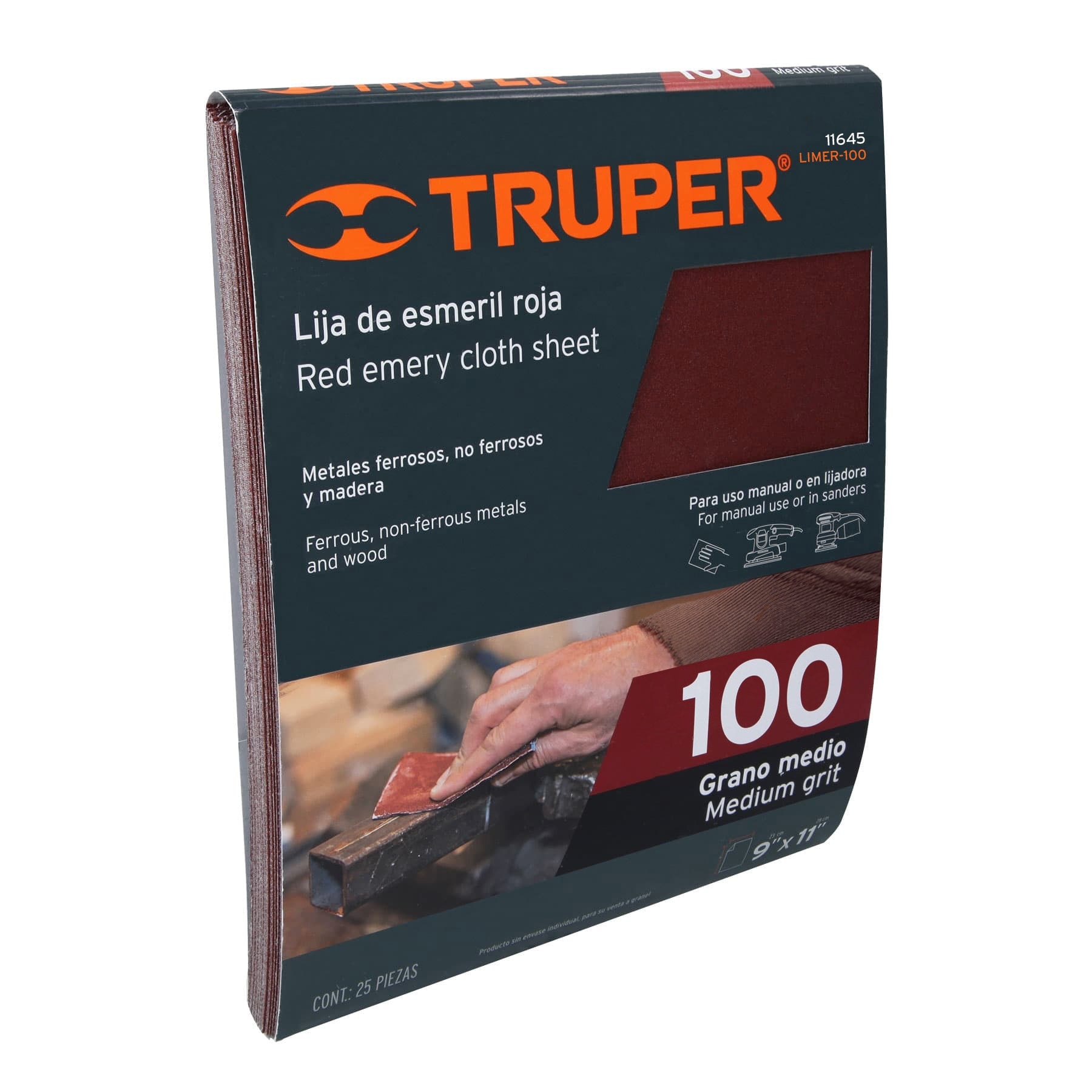 Lija de esmeril roja grano 100 de óxido de aluminio, Truper Caja con 25, 11645