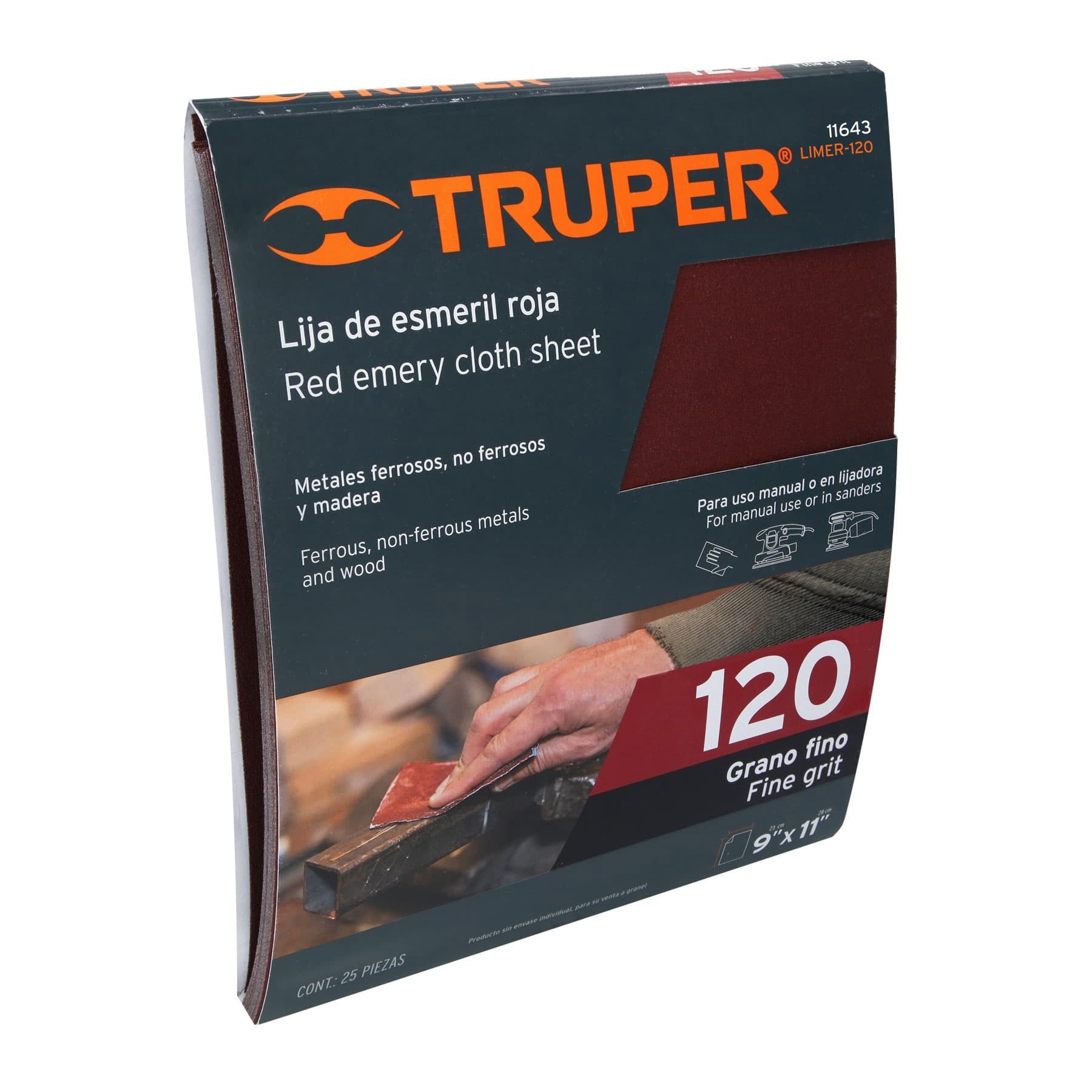 Lija de esmeril roja grano 120 de óxido de aluminio, Truper Caja con 25, 11643