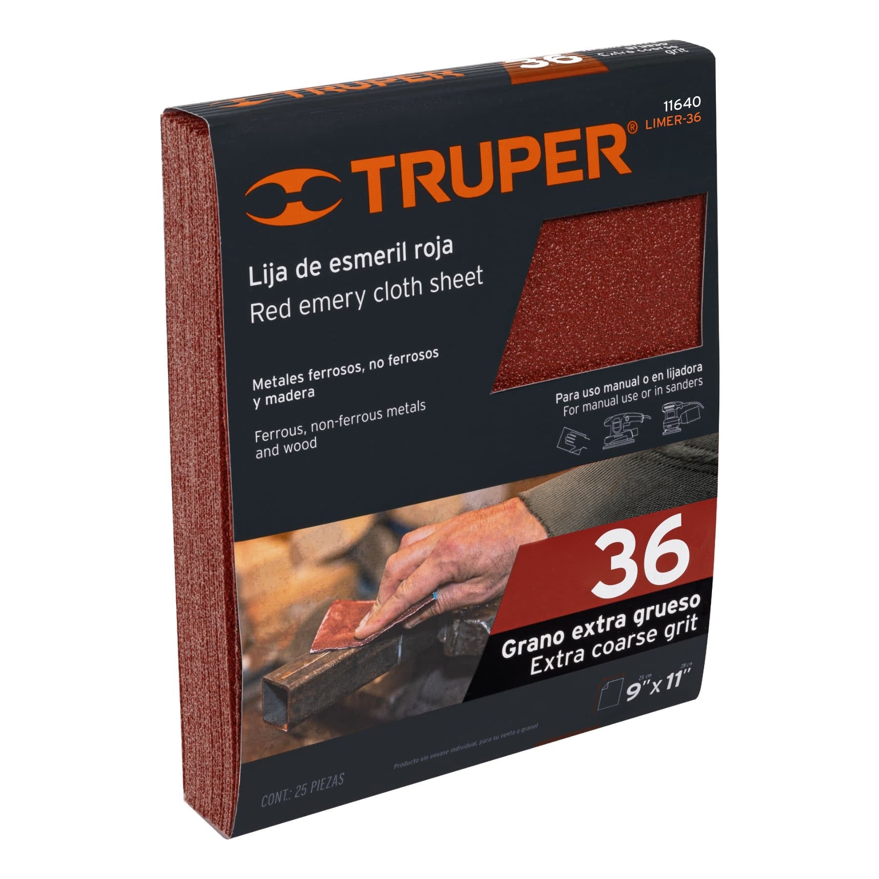 Lija de esmeril roja grano 36 de óxido de aluminio, Truper Caja con 25, 11640