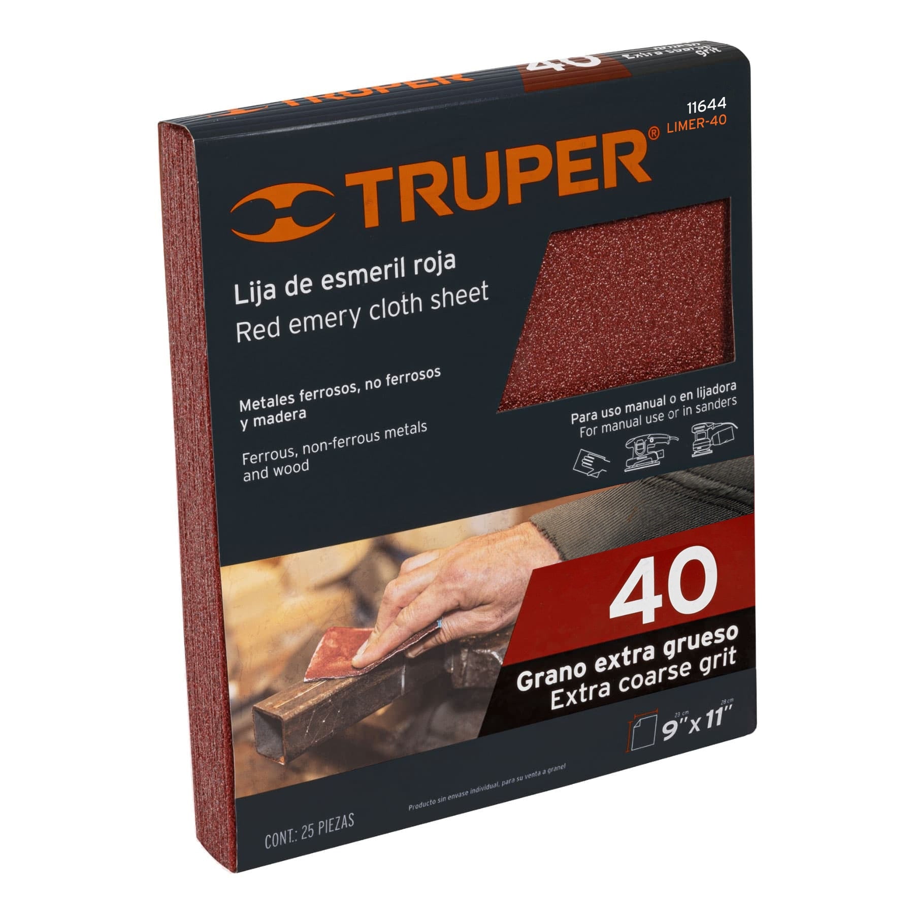 Lija de esmeril roja grano 40 de óxido de aluminio, Truper Caja con 25, 11644