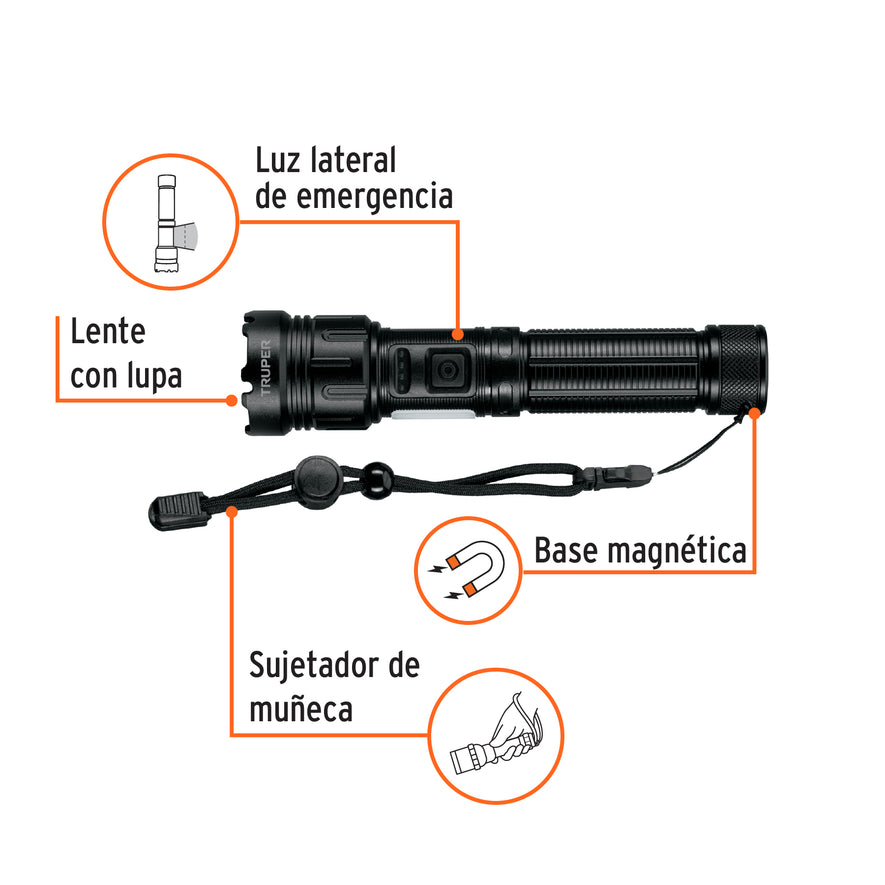 Linterna LED recargable c/luz de emergencia, 410 lm, Truper Caja con 4, 103088