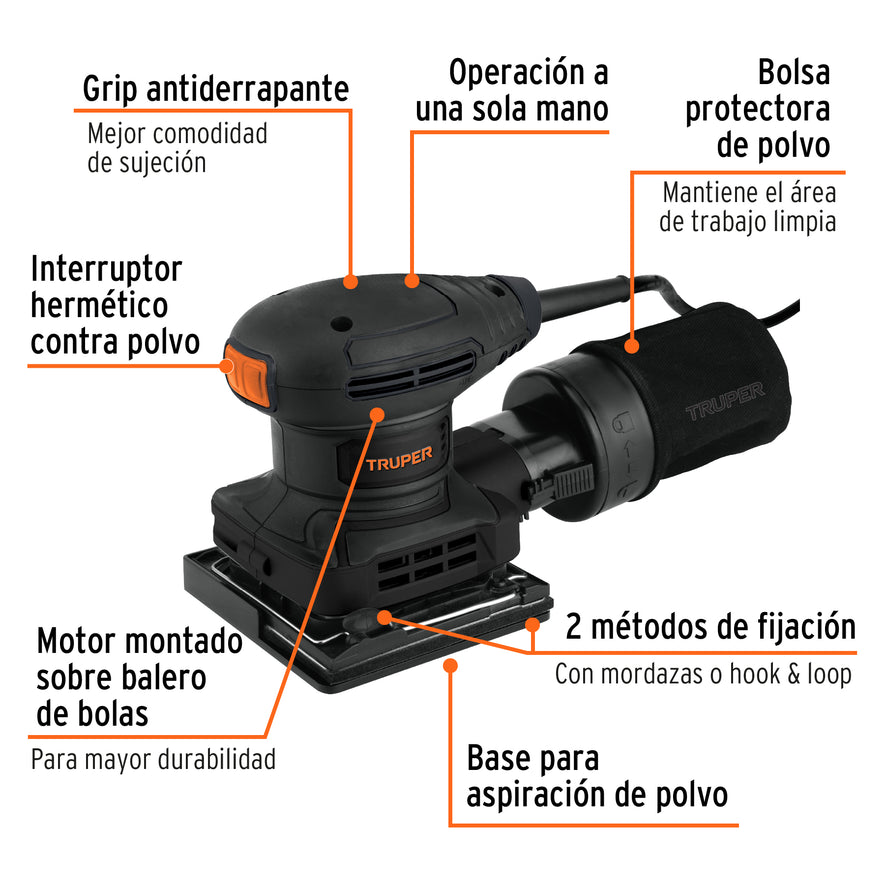Lijadora orbital 1/4 hoja, 300W, TRUPER INDUSTRIAL, 103325