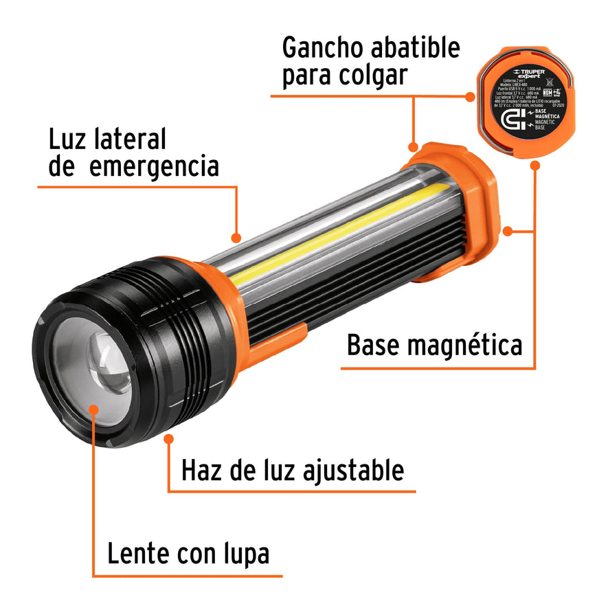 Linterna recargable con luz emergencia, 480lm, Truper Expert Caja con 3, 13415