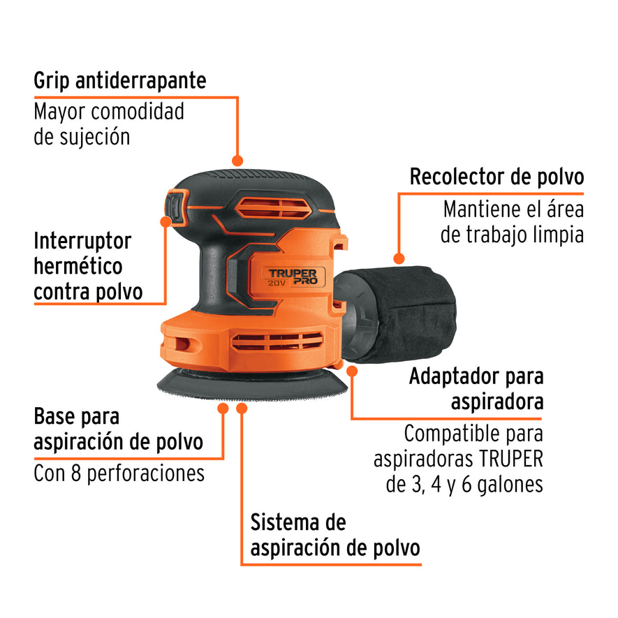 Lijadora roto-orbital 5', 20V, sin accesorios, PRO, 103261
