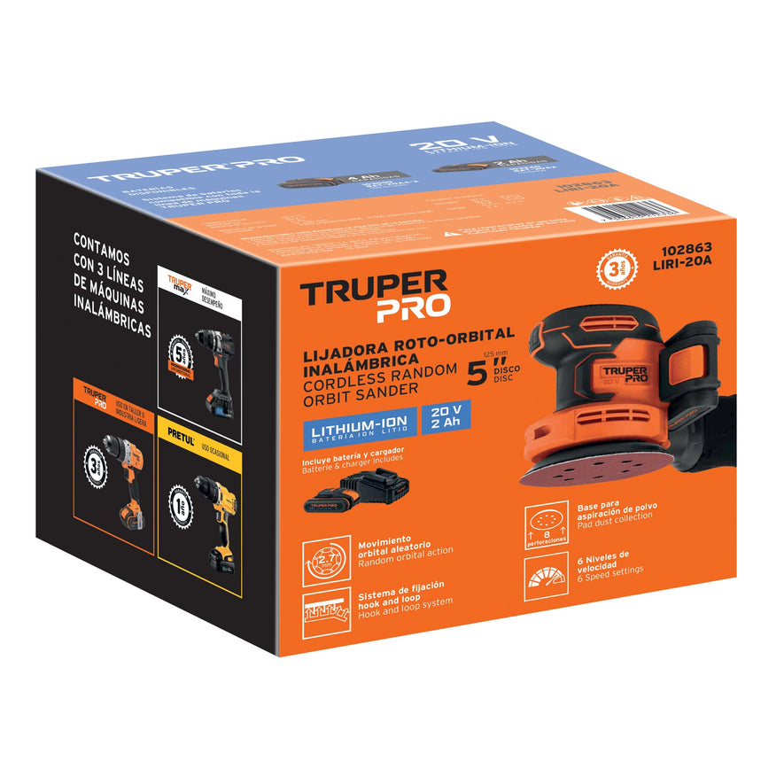 Lijadora roto-orbital 5', 20V, 1 batería 2Ah, PRO, 102863