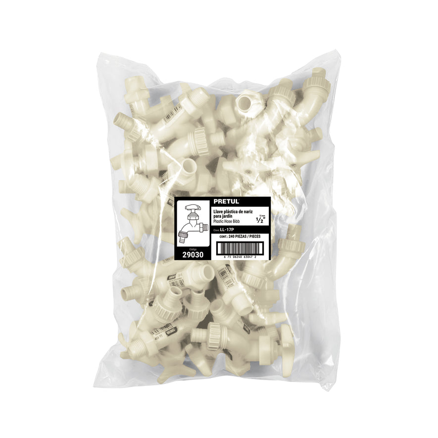 Llave p/manguera, de plástico 65g,1/2', granel, PRETUL Caja con 20, 29030