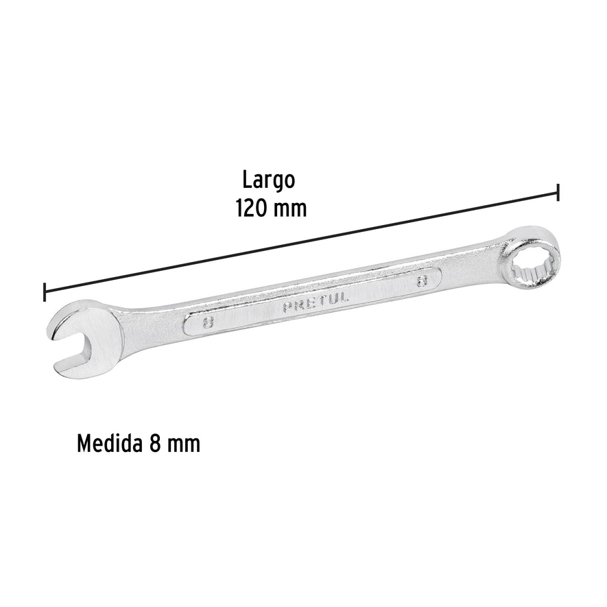 Llave combinada 8 mm x 120 mm de largo, Pretul Caja con 12, 21902
